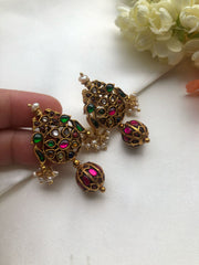 Navaratna earrings with ruby kundan bead-Earrings-PL-House of Taamara