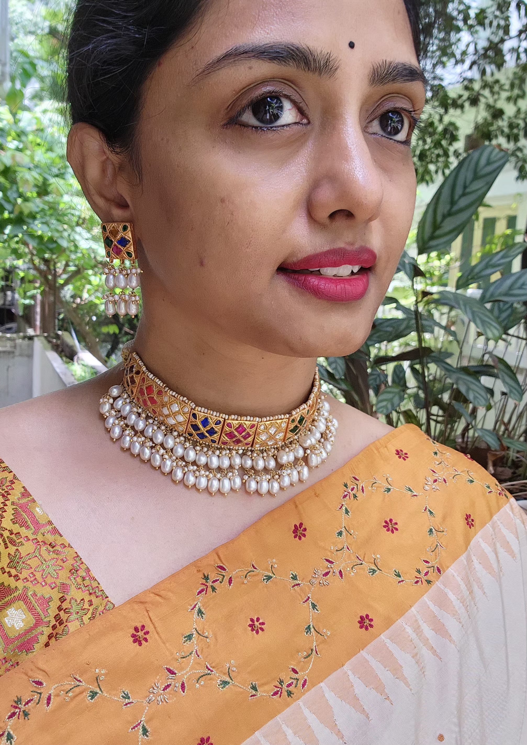 Navratan Kundan Choker with oval pearls with earrings, SET-Silver Neckpiece-PL-House of Taamara