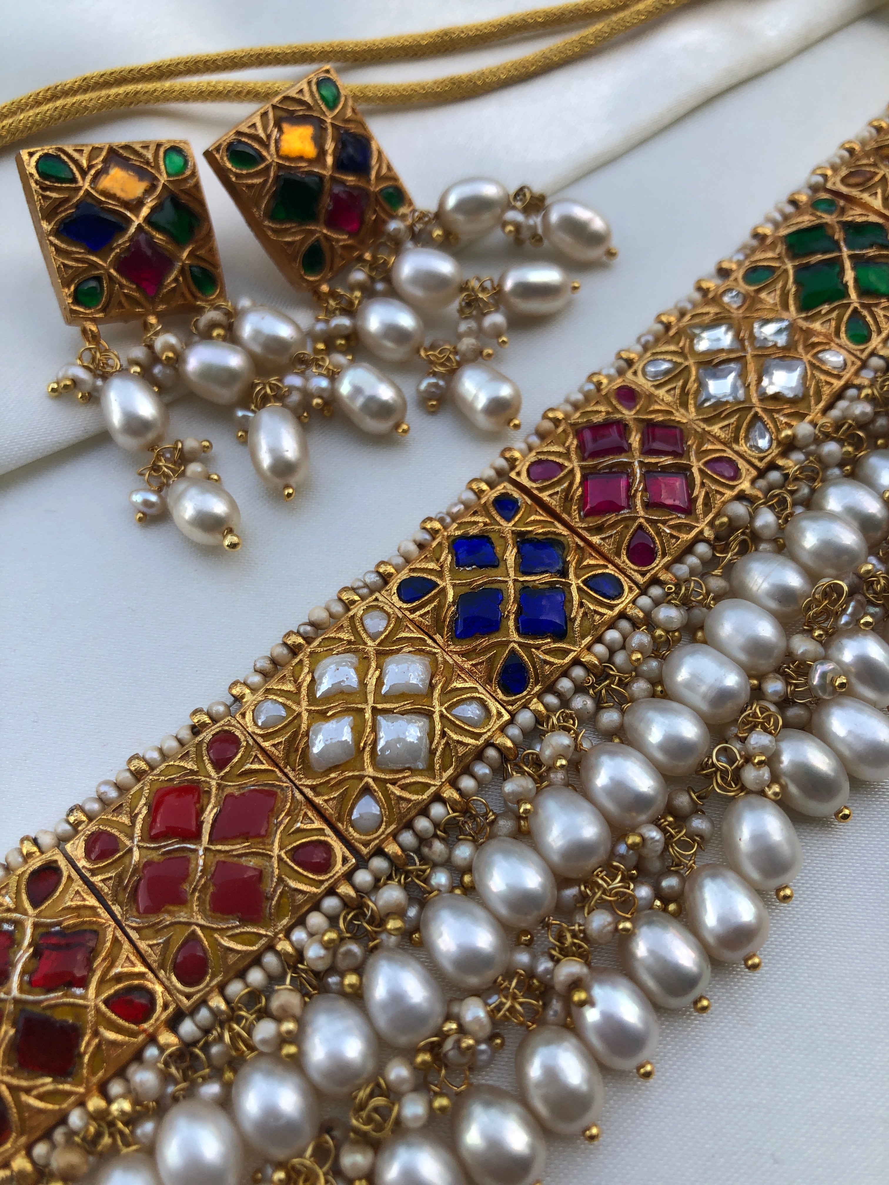 Navratan Kundan Choker with oval pearls with earrings, SET-Silver Neckpiece-PL-House of Taamara