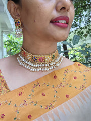 Navratan Kundan Choker with oval pearls with earrings, SET-Silver Neckpiece-PL-House of Taamara