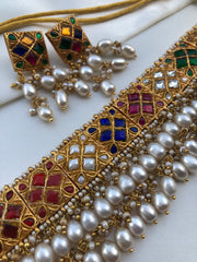Navratan Kundan Choker with oval pearls with earrings, SET-Silver Neckpiece-PL-House of Taamara