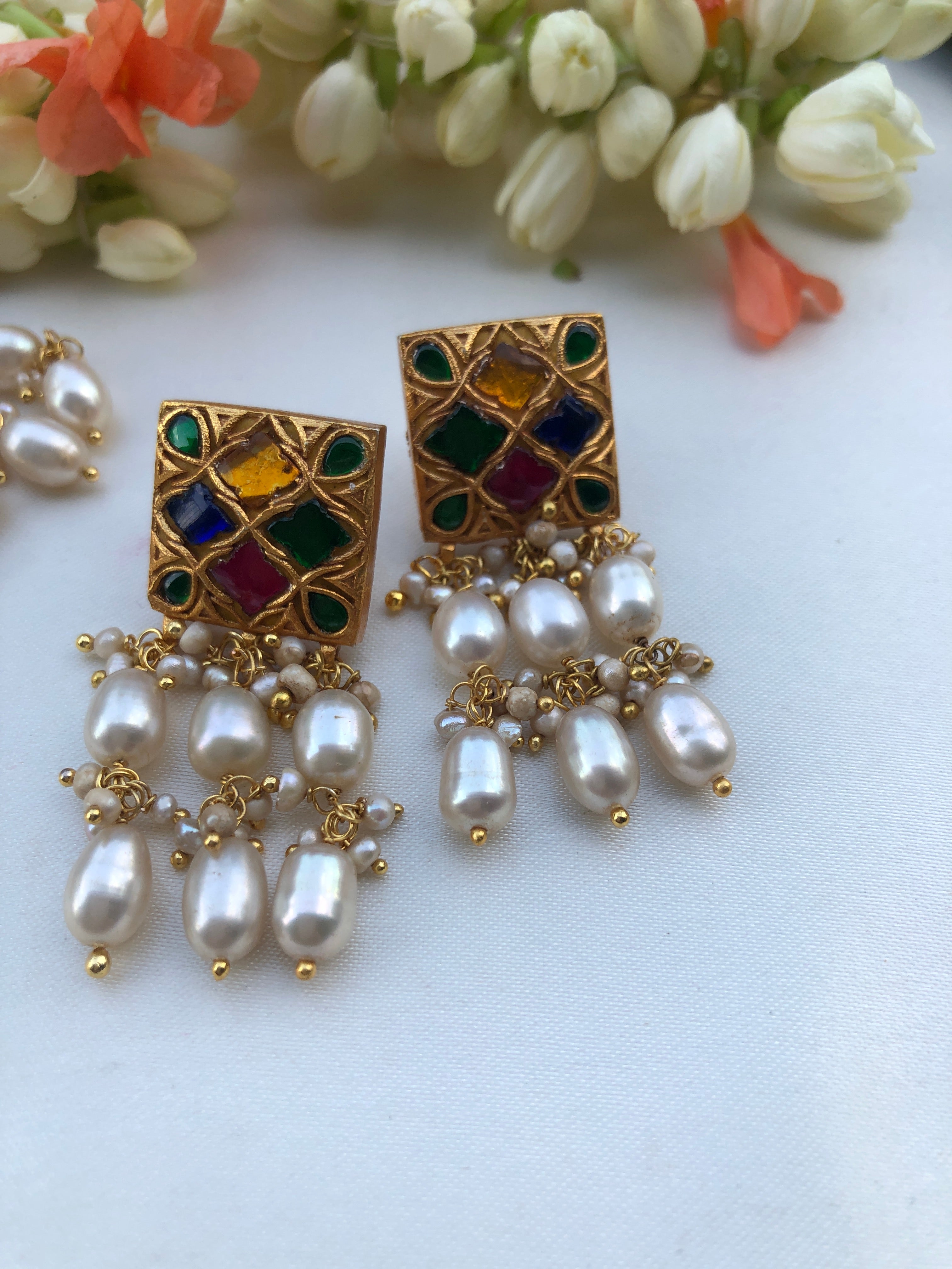 Navratan Kundan Choker with oval pearls with earrings, SET-Silver Neckpiece-PL-House of Taamara