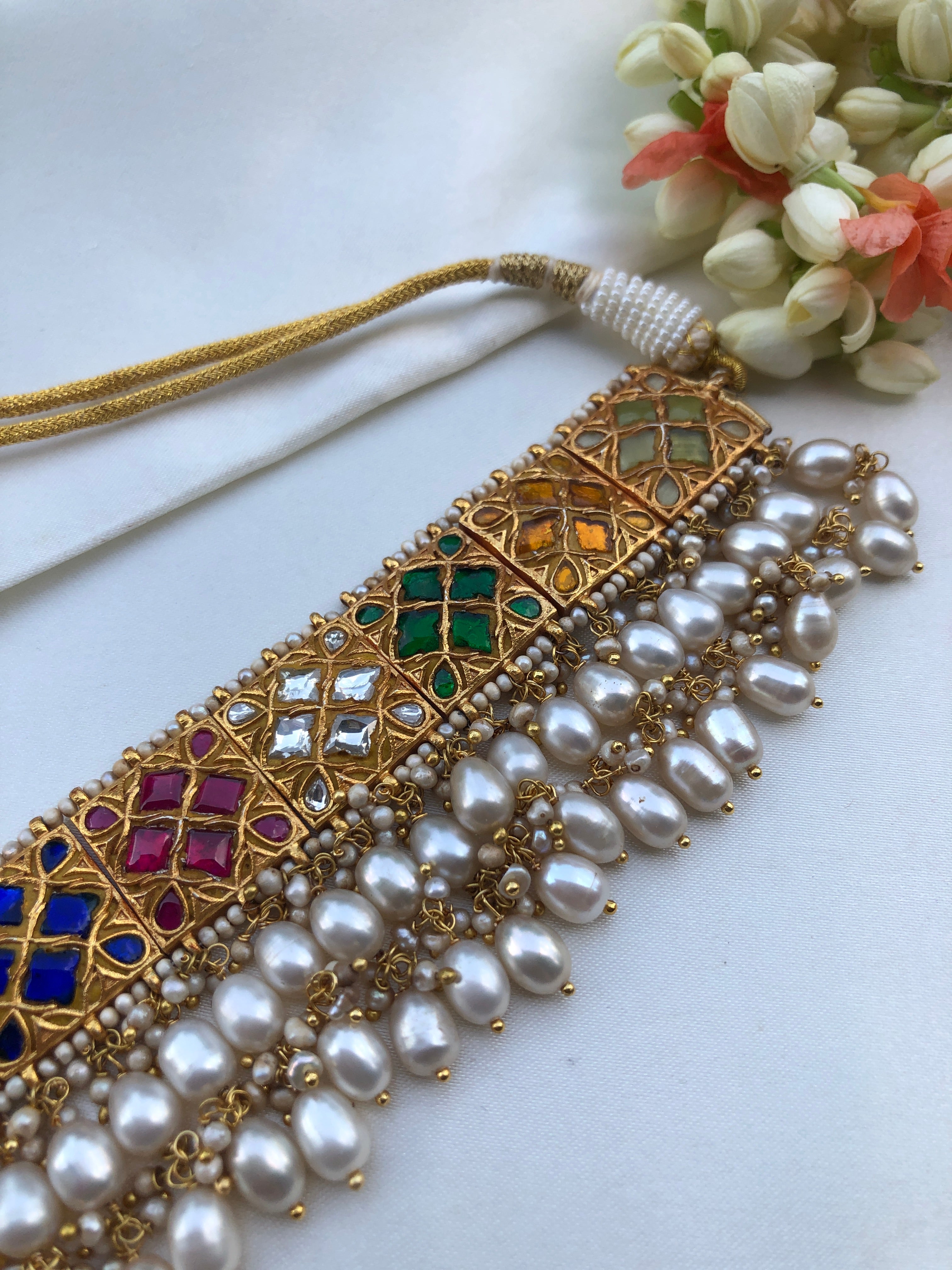 Navratan Kundan Choker with oval pearls with earrings, SET-Silver Neckpiece-PL-House of Taamara