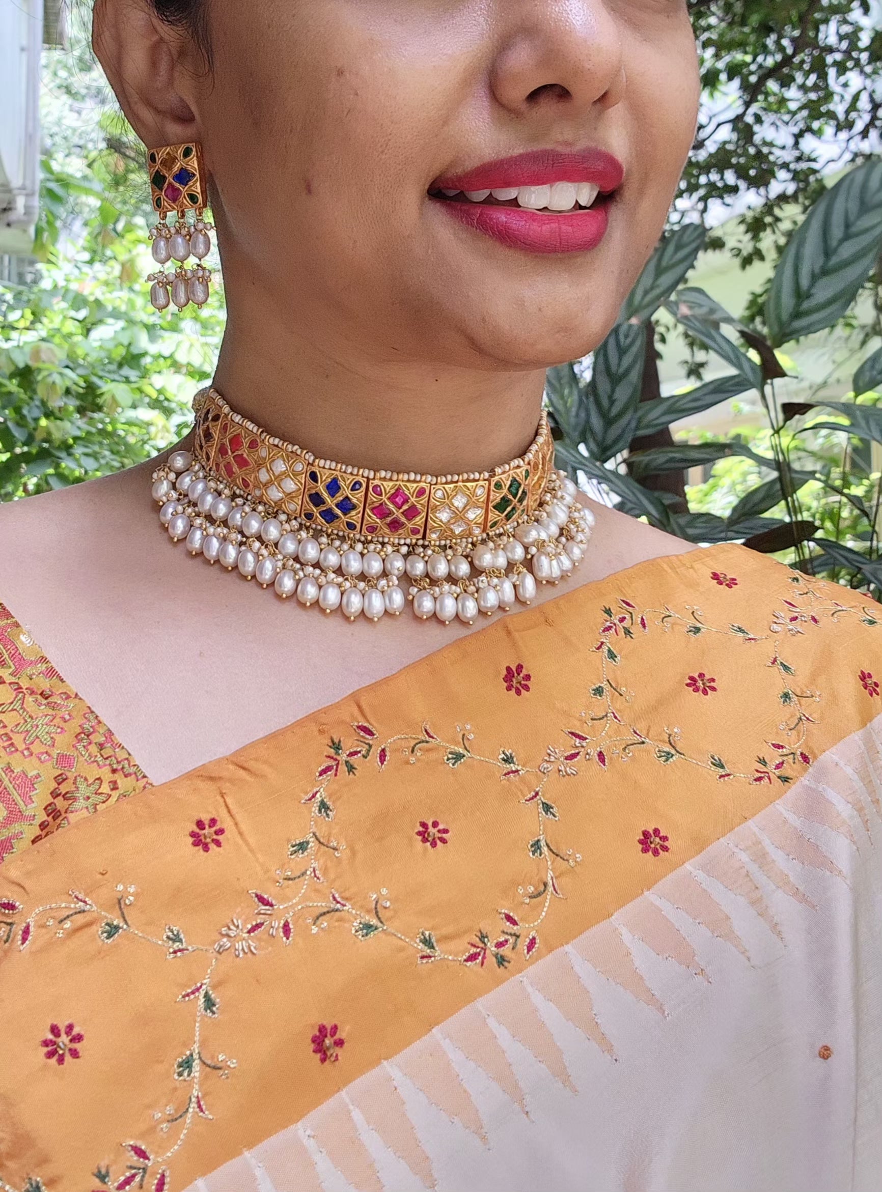 Navratan Kundan Choker with oval pearls with earrings, SET-Silver Neckpiece-PL-House of Taamara