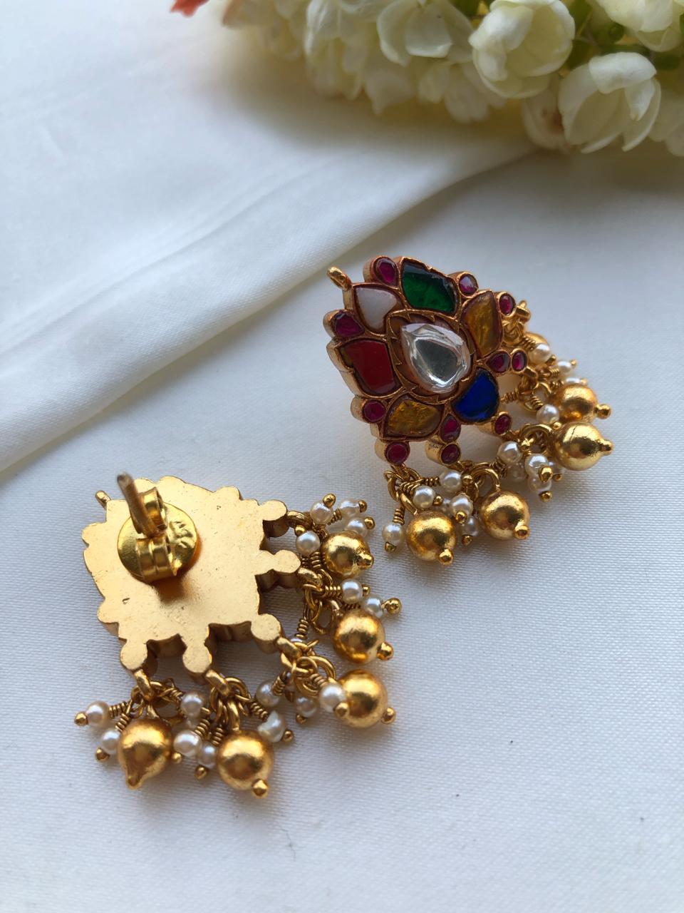 Navratan chand earrings with gundus and pearl bunch-Earrings-PL-House of Taamara