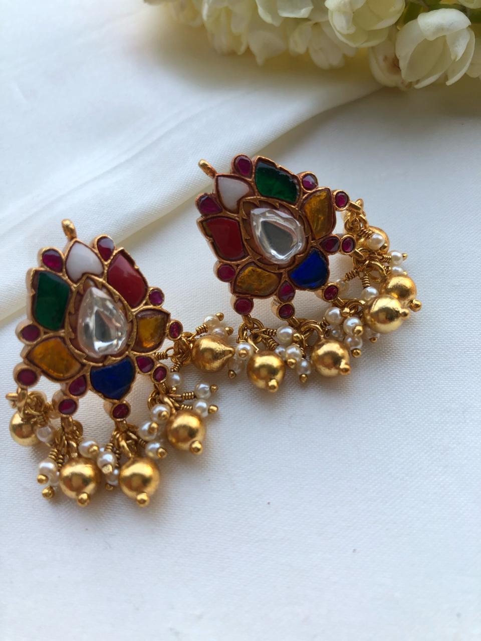Navratan chand earrings with gundus and pearl bunch-Earrings-PL-House of Taamara