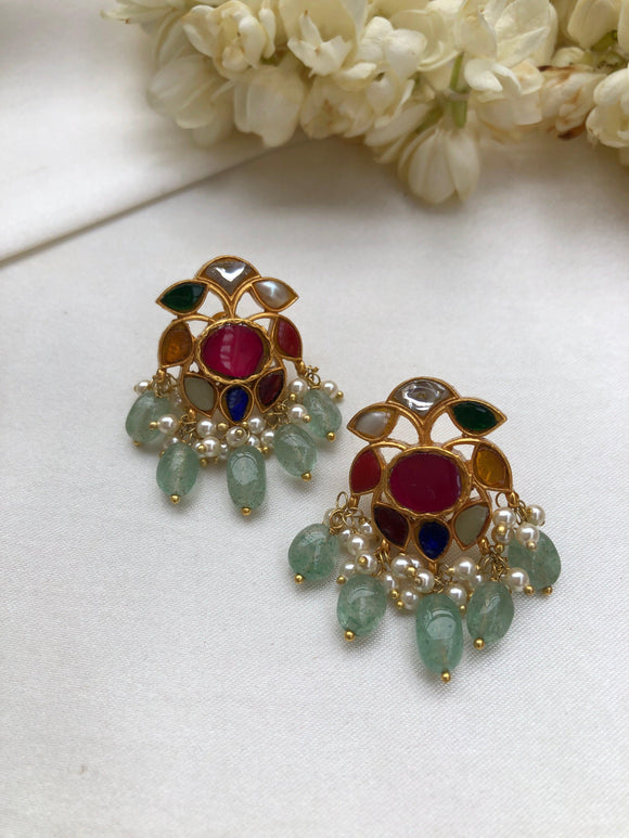 Navratan earrings with green aventurine beads-Earrings-PL-House of Taamara