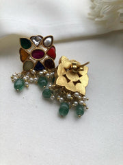 Navratan earrings with green beads-Earrings-PL-House of Taamara