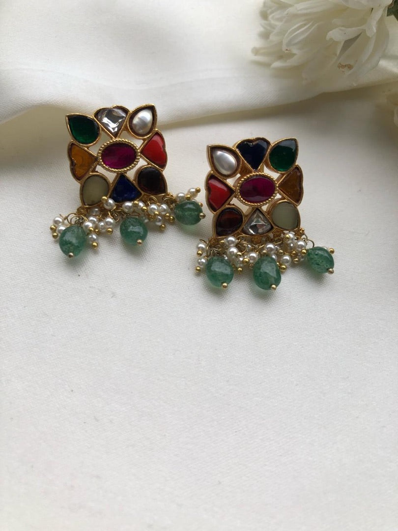 Navratan earrings with green beads-Earrings-PL-House of Taamara