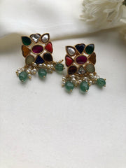 Navratan earrings with green beads-Earrings-PL-House of Taamara