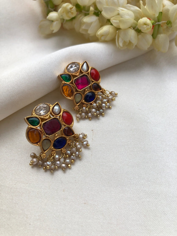 Navratan earrings with pearls-Earrings-PL-House of Taamara
