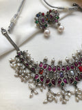 Navratan guttu pusulu necklace with earrings, set-Silver Neckpiece-PL-House of Taamara