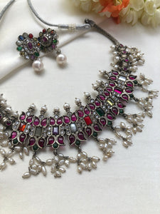 Navratan guttu pusulu necklace with earrings, set-Silver Neckpiece-PL-House of Taamara