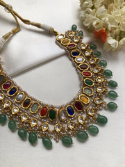 Navratan kundan & green beads necklace with earrings, SET-Silver Neckpiece-PL-House of Taamara