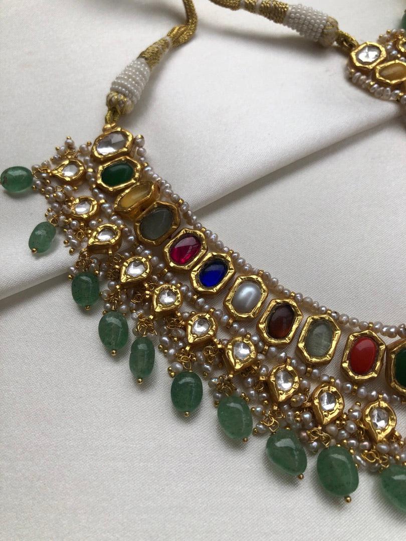 Navratan kundan & green beads necklace with earrings, SET-Silver Neckpiece-PL-House of Taamara