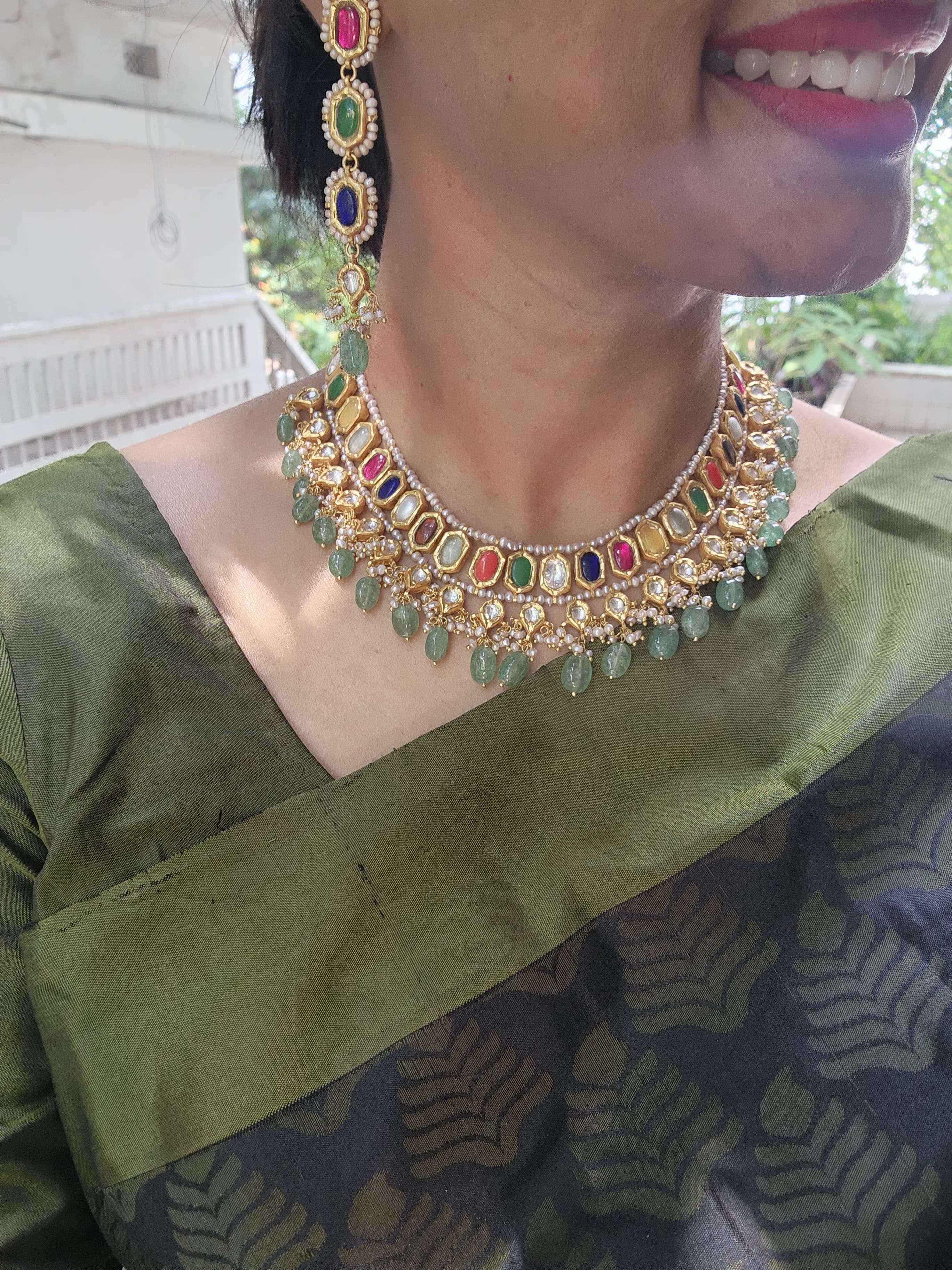 Navratan kundan & green beads necklace with earrings, SET-Silver Neckpiece-PL-House of Taamara