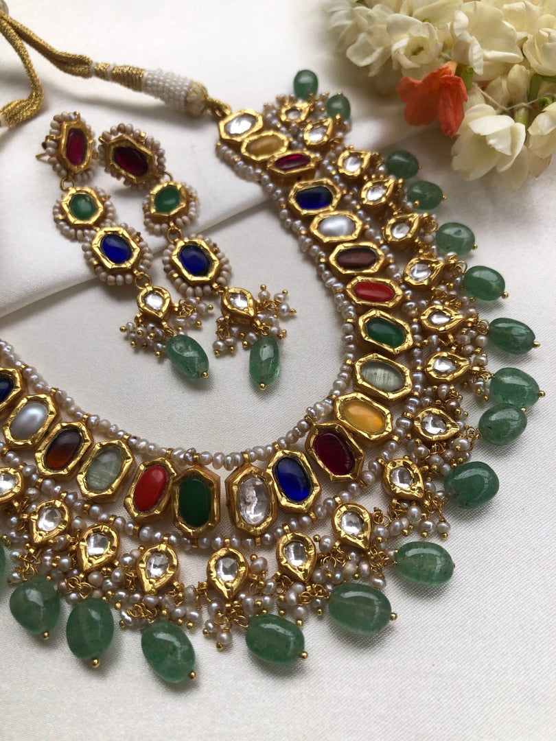 Navratan kundan & green beads necklace with earrings, SET-Silver Neckpiece-PL-House of Taamara