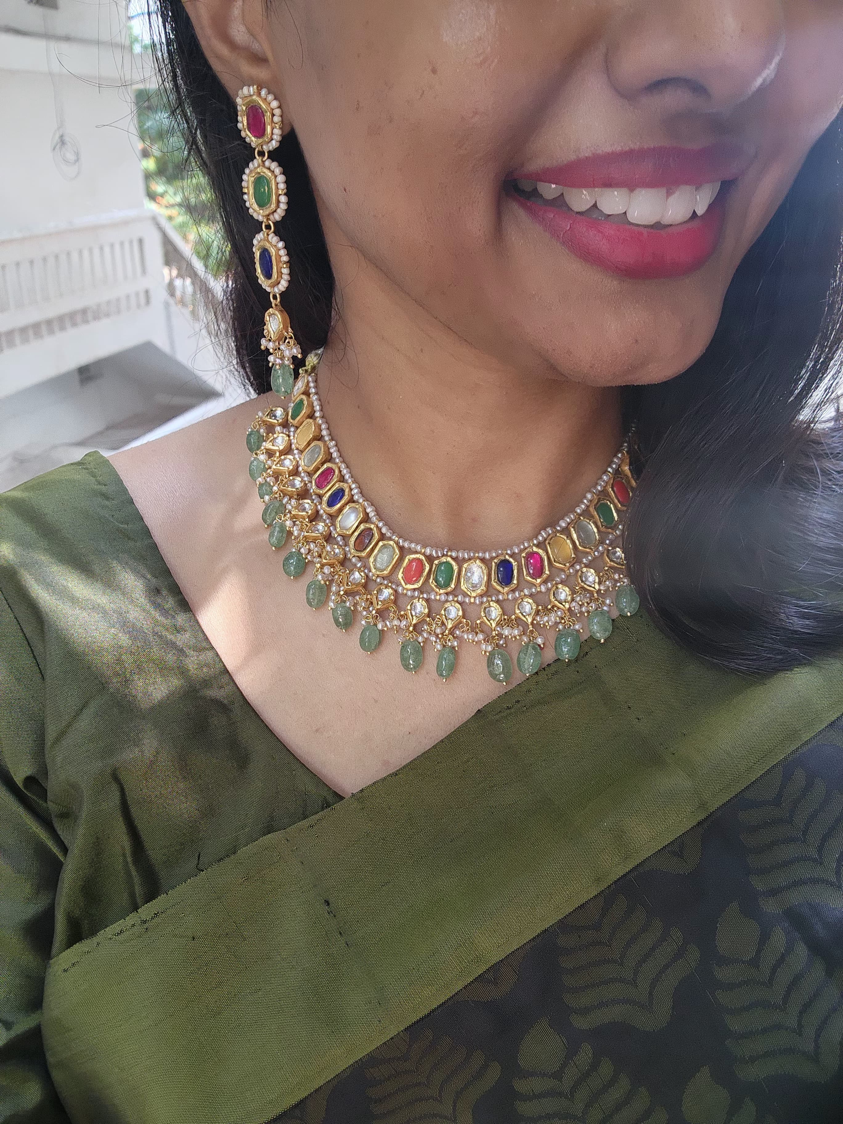 Navratan kundan & green beads necklace with earrings, SET-Silver Neckpiece-PL-House of Taamara