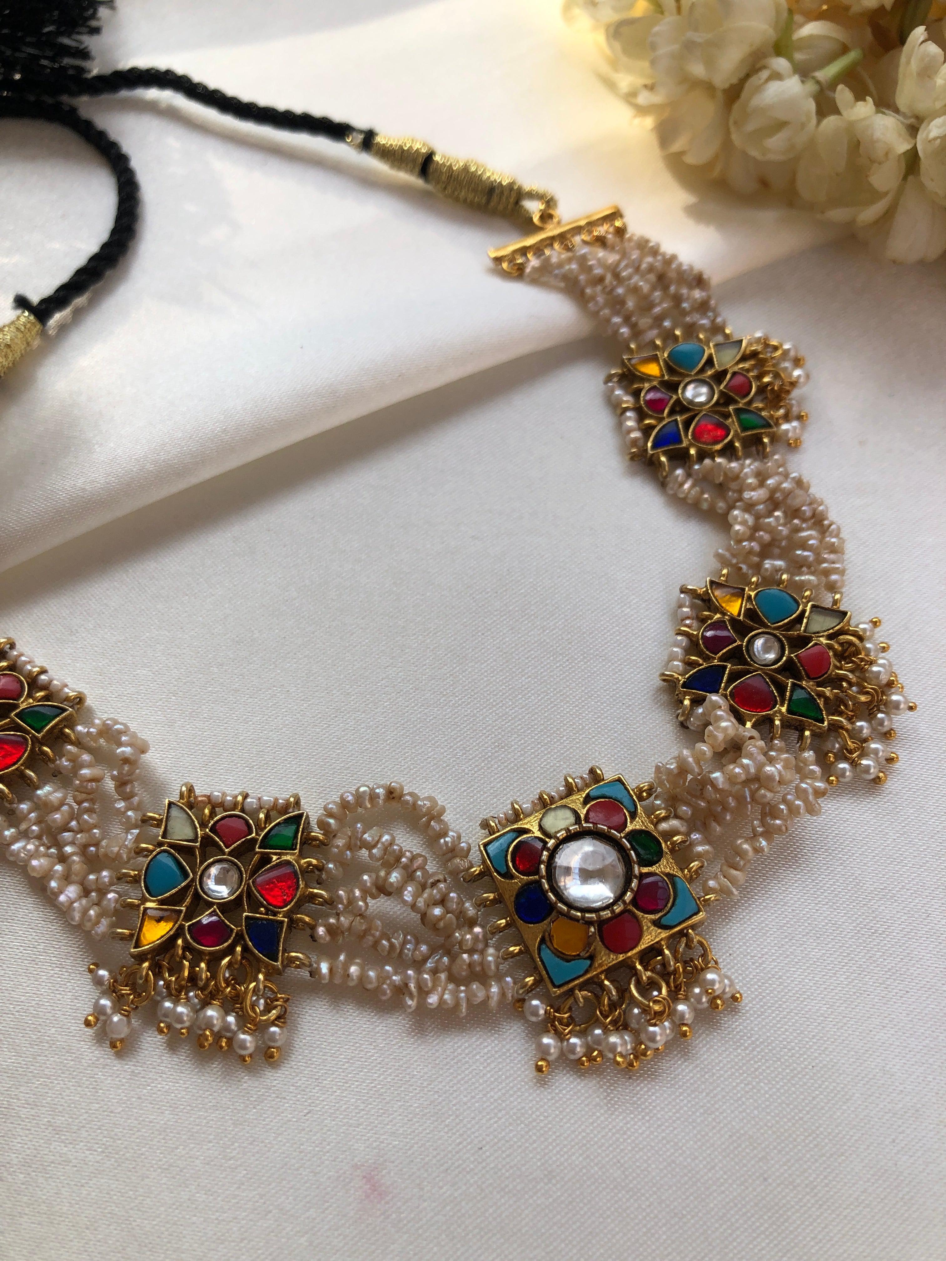 Navratan kundan necklace with antique style pearls & bunch pearls (Copy)-Silver Neckpiece-PL-House of Taamara