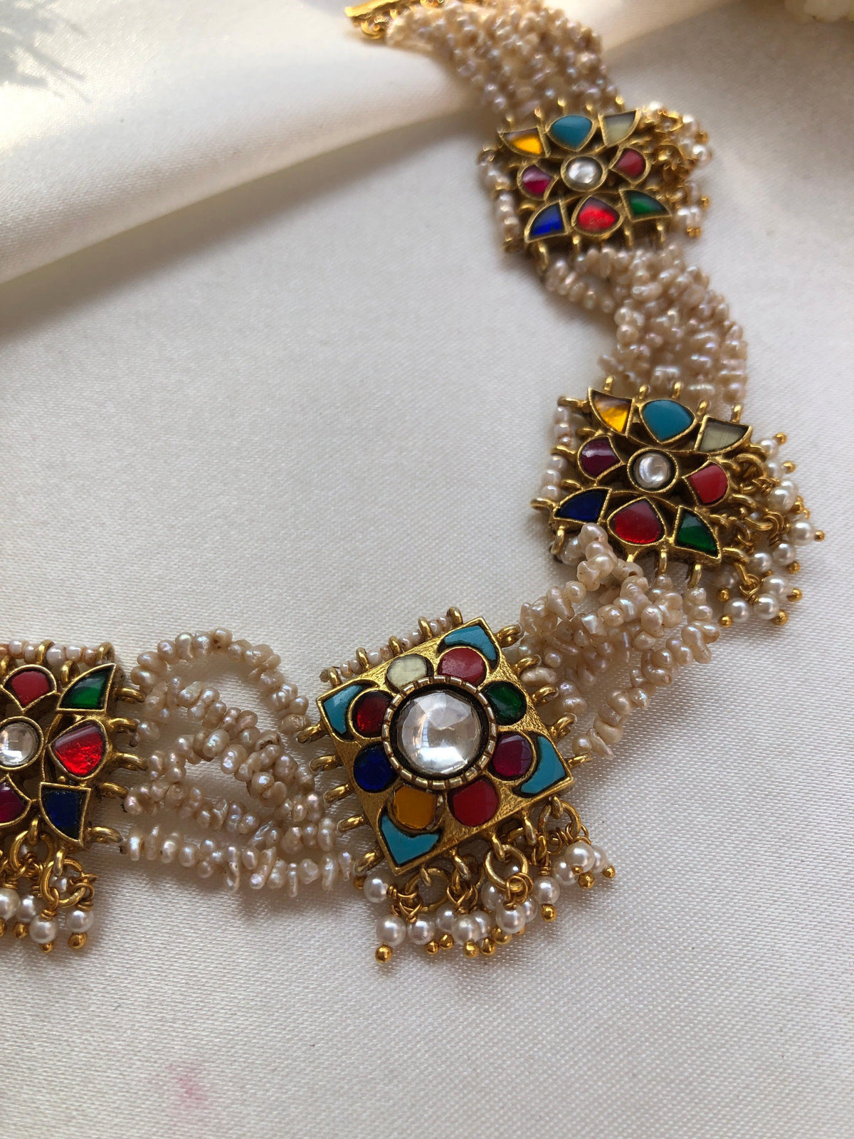 Navratan kundan necklace with antique style pearls & bunch pearls (Copy)-Silver Neckpiece-PL-House of Taamara