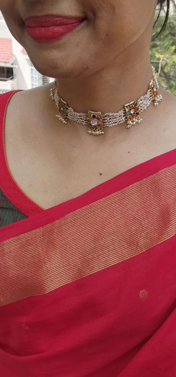 Navratan kundan necklace with antique style pearls & bunch pearls-Silver Neckpiece-PL-House of Taamara
