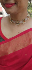 Navratan kundan necklace with antique style pearls & bunch pearls-Silver Neckpiece-PL-House of Taamara