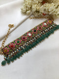 Navratan kundan square choker with ribbed green beads, pearls & multicolour beads (MADE TO ORDER)-Silver Neckpiece-PL-House of Taamara