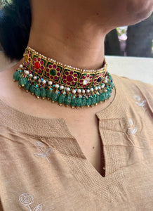 Navratan kundan square choker with ribbed green beads, pearls & multicolour beads (MADE TO ORDER)-Silver Neckpiece-PL-House of Taamara
