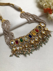 Navratan kundan style choker with antique pearls-Silver Neckpiece-PL-House of Taamara