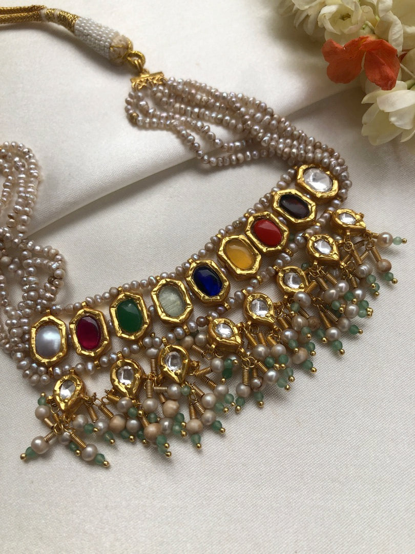 Navratan kundan style choker with antique pearls-Silver Neckpiece-PL-House of Taamara