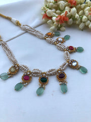 Navratan kundan with antique style pearls & green beads necklace-Silver Neckpiece-PL-House of Taamara