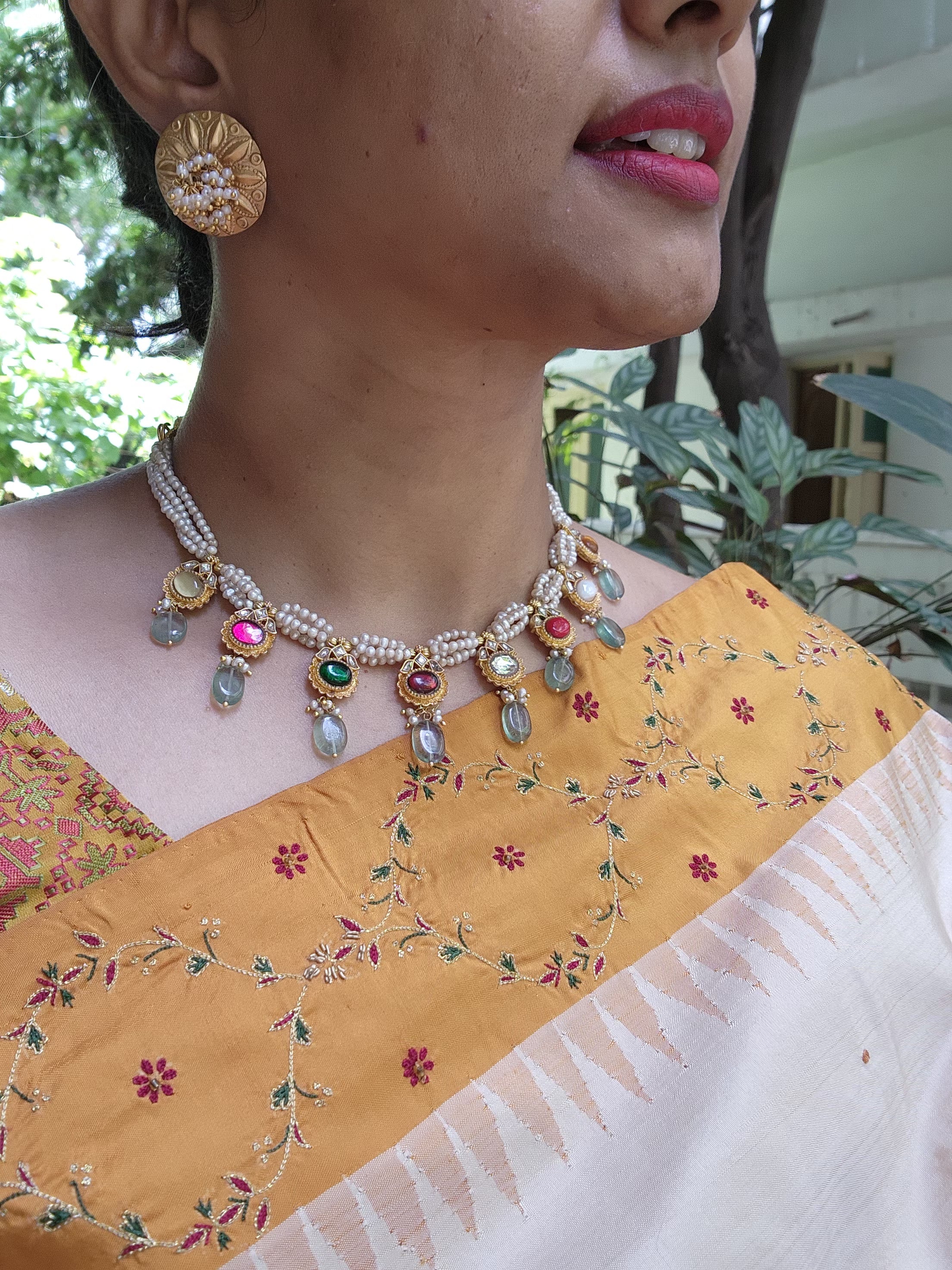 Navratan kundan with antique style pearls & green beads necklace-Silver Neckpiece-PL-House of Taamara