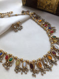 Navratan necklace with pearls and earring, SET-Silver Neckpiece-PL-House of Taamara