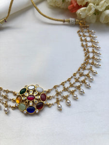 Navratan pendant with pearls chain & pearl drops-Silver Neckpiece-PL-House of Taamara
