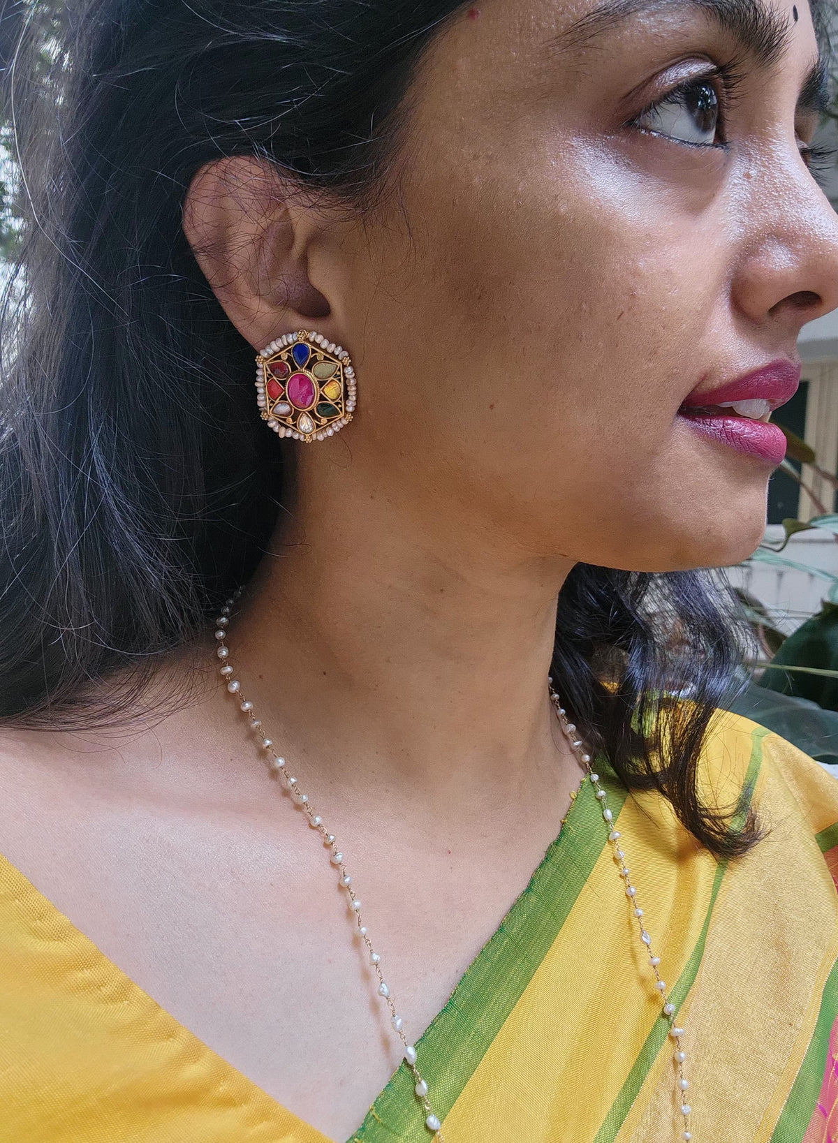 Navratan round studs with pearls around-Earrings-PL-House of Taamara