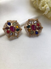 Navratan round studs with pearls around-Earrings-PL-House of Taamara