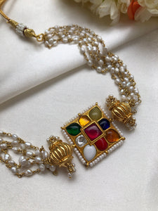 Navratan square pendant with rice pearls & beads-Silver Neckpiece-PL-House of Taamara