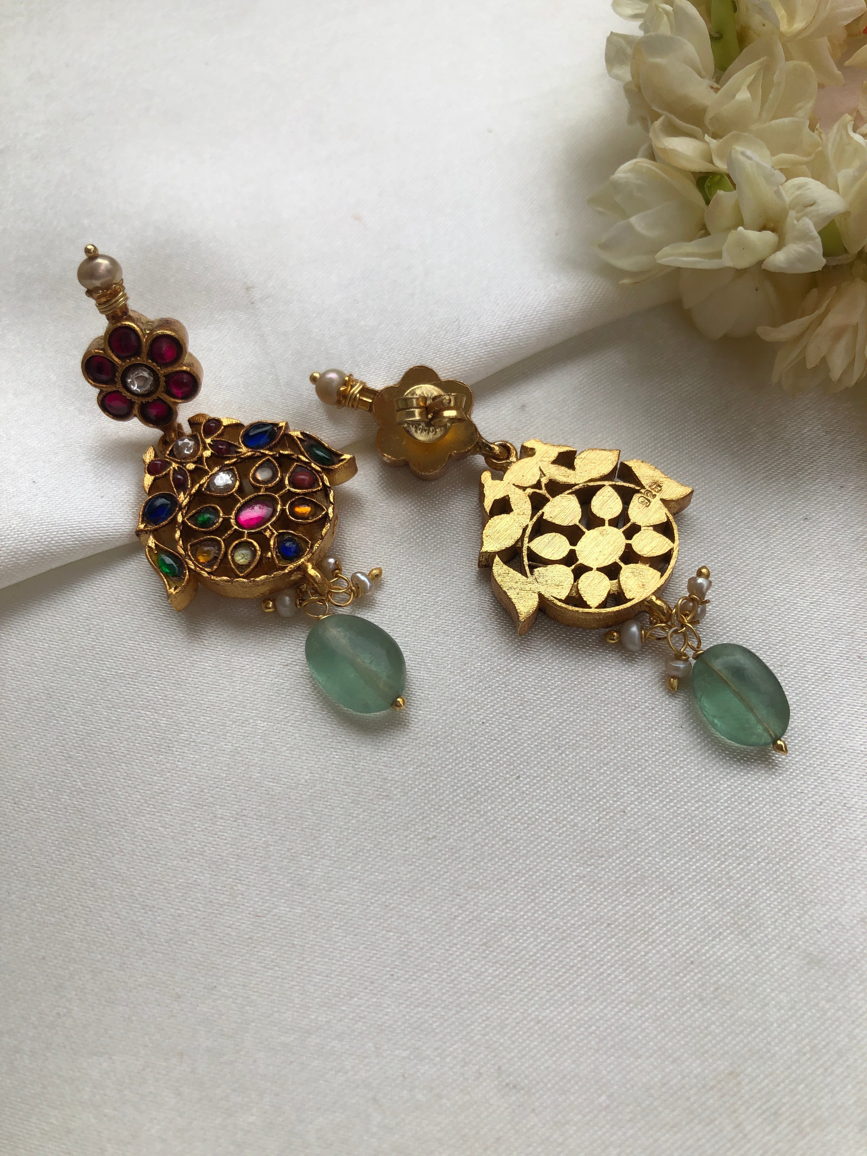 Navratan vinatage style kundan with green bead earrings-Earrings-PL-House of Taamara