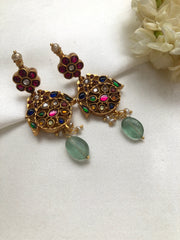 Navratan vinatage style kundan with green bead earrings-Earrings-PL-House of Taamara