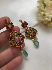 Navratan vinatage style kundan with green bead earrings-Earrings-PL-House of Taamara