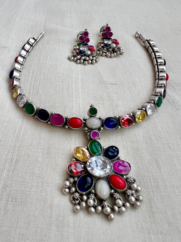 Navrathana adigai necklace set-Silver Neckpiece-CI-House of Taamara