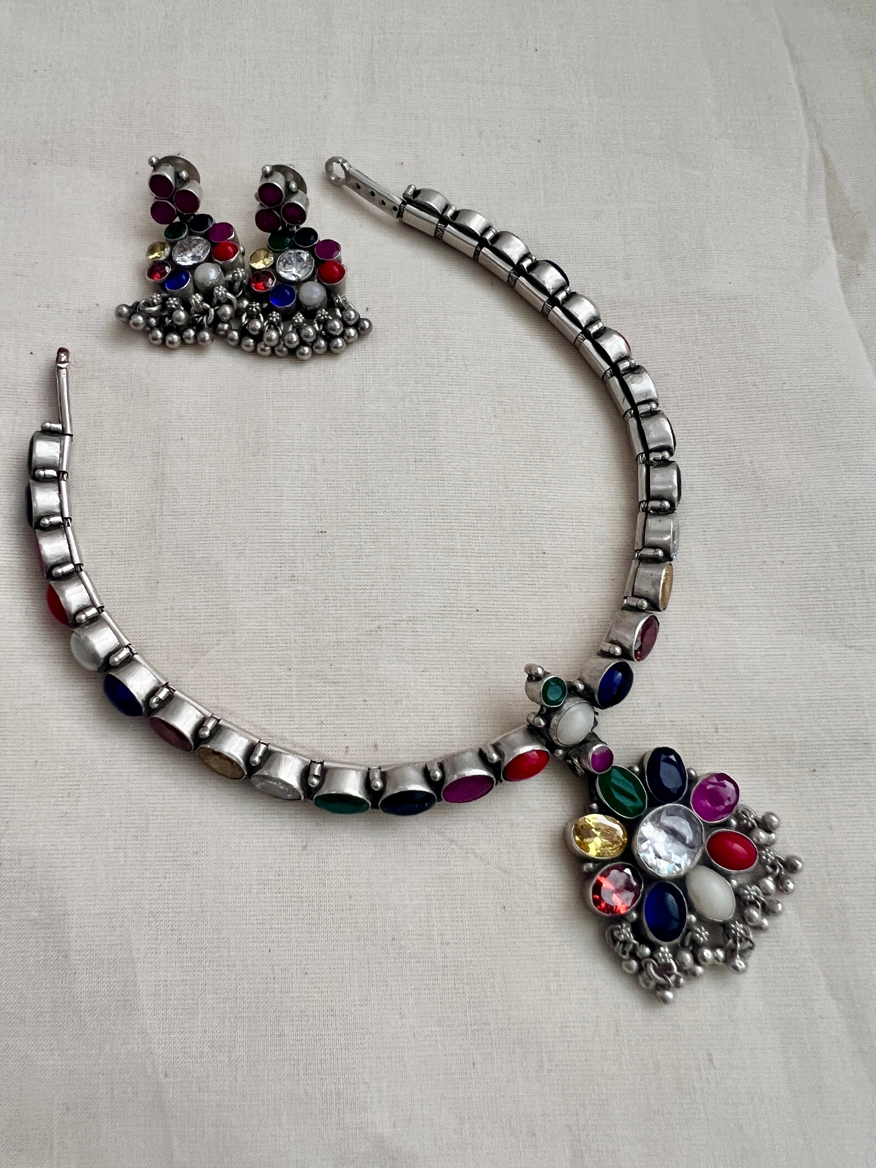 Navrathana adigai necklace with earrings, SET-Silver Neckpiece-CI-House of Taamara