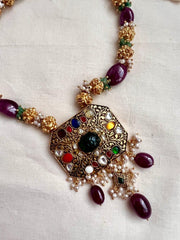 Navrathana carved pendant with nakshi beads, tourmaline & jade beads chain-Silver Neckpiece-CI-House of Taamara
