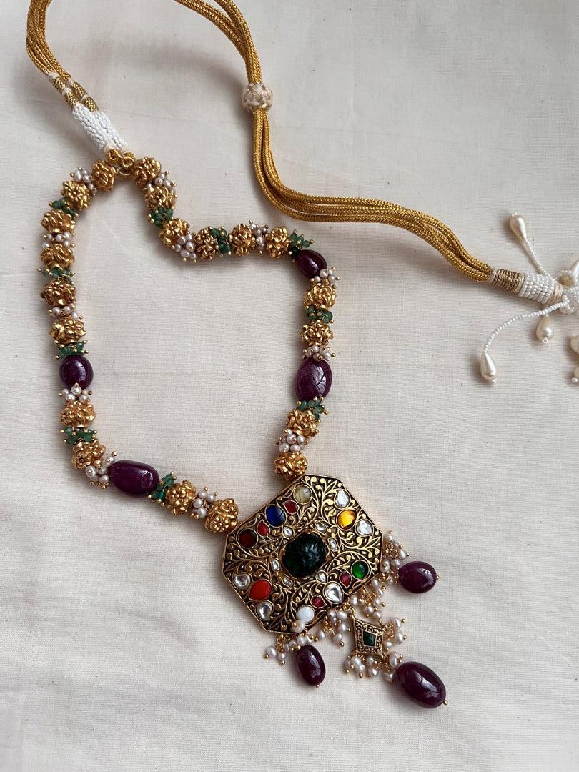 Navrathana carved pendant with nakshi beads, tourmaline & jade beads chain-Silver Neckpiece-CI-House of Taamara