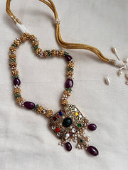 Navrathana carved pendant with nakshi beads, tourmaline & jade beads chain-Silver Neckpiece-CI-House of Taamara