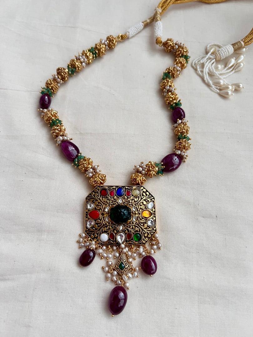 Navrathana carved pendant with nakshi beads, tourmaline & jade beads chain-Silver Neckpiece-CI-House of Taamara