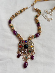 Navrathana carved pendant with nakshi beads, tourmaline & jade beads chain-Silver Neckpiece-CI-House of Taamara