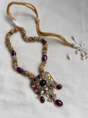 Navrathana carved pendant with nakshi beads, tourmaline & jade beads chain-Silver Neckpiece-CI-House of Taamara