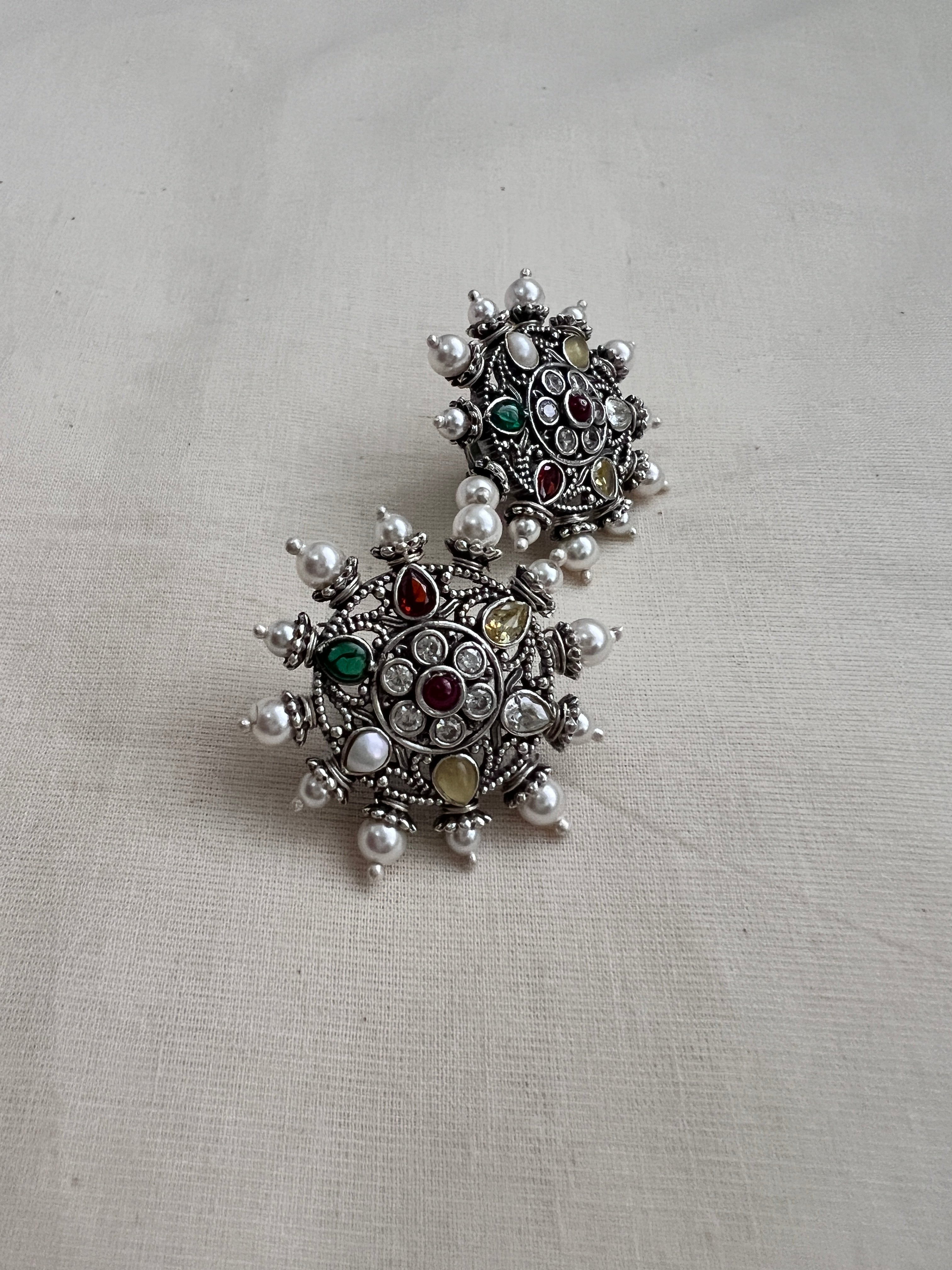 Navrathana silver studs with pearls-Earrings-CI-House of Taamara