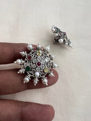 Navrathana silver studs with pearls-Earrings-CI-House of Taamara